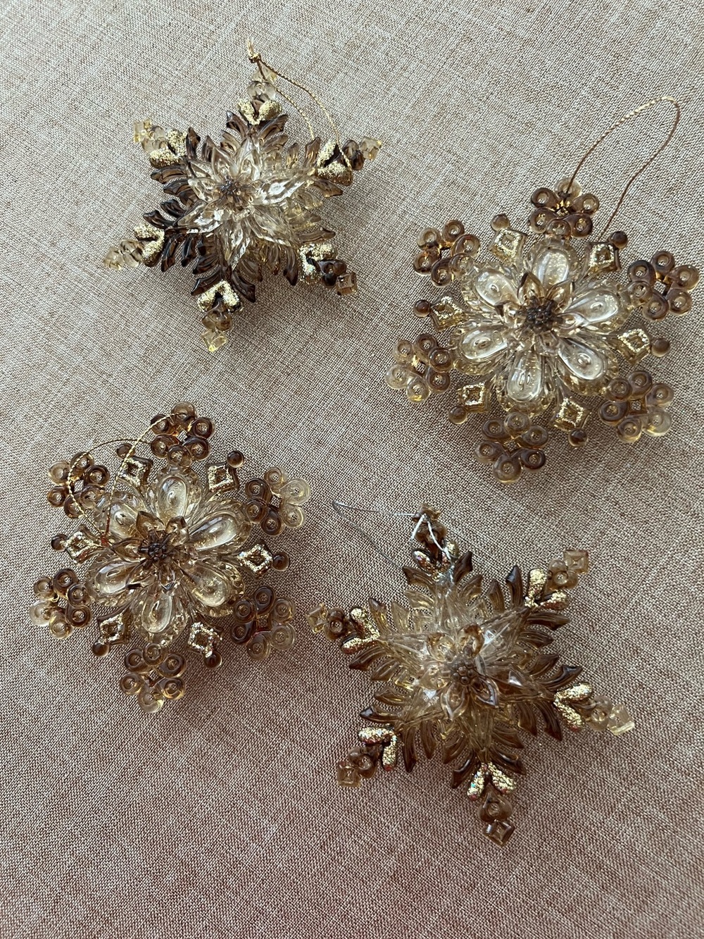 Set of 4 Gold, Clear and brown acrylic two sided Snowflake Ornaments